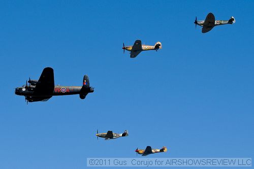 The Lancaster escorted by the P-40, P-51, Hurricand and the Spitfire.
