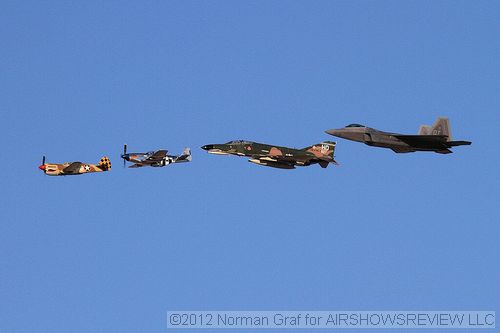 P-40, P-47, F4 and the F-22 in formation.